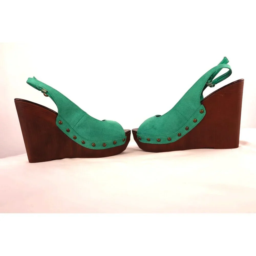 Bomlel Green Suede Wedge Sandals with Studded Accents &‎ Wooden Heel Size 8